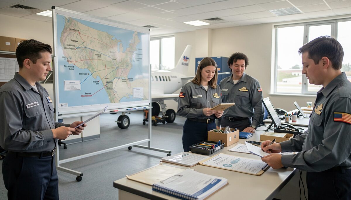 Four people standing around a table in a briefing room, a large wall map of the United States on a mobile board behind them, folders and checklists spread on the table and an aircraft visible through the window.