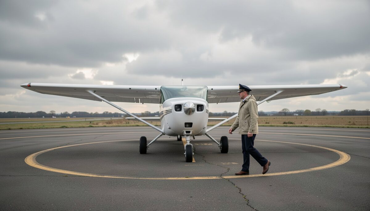 A pilot in a beige jacket and a dark peaked cap walking past the right wing of a high-wing single-engine aircraft parked inside a painted yellow circle on an apron, flat fields and a grey overcast sky behind.
